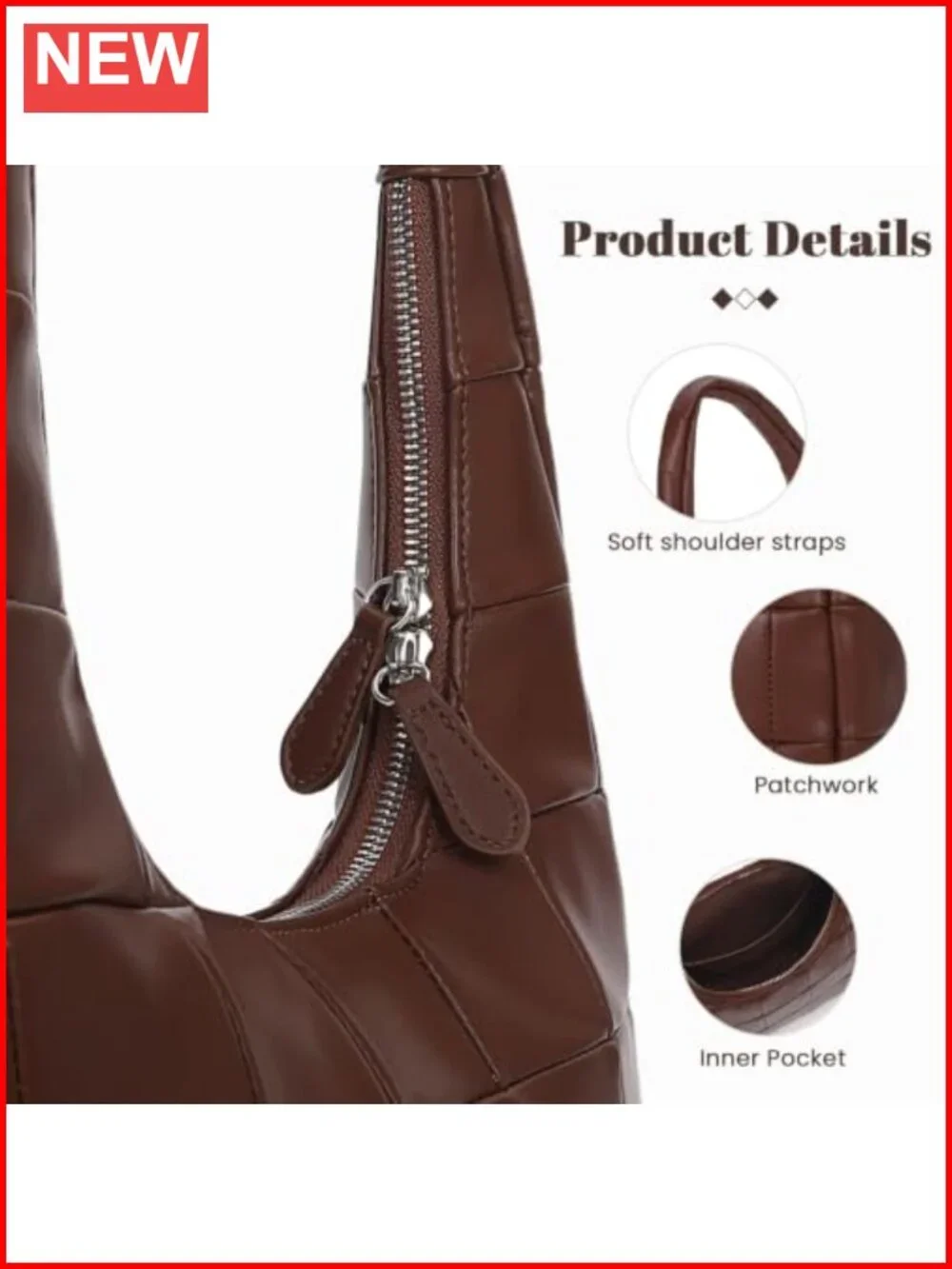 Soft PU Leather Crescent Hobo Shoulder Bag Dual Zipper Patchwork Women